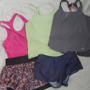 Workout clothes. 3 tops  2 shorts.